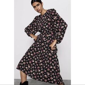 ZARA Black and Pink Floral Puff Sleeve Maxi Dress SIZE US XS